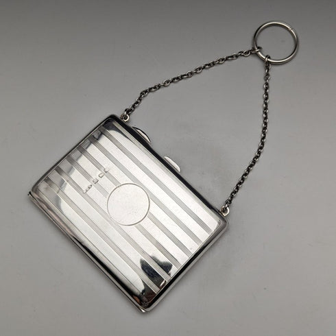 1913 British Antique Pure Silver Card Case with Chain 73g William Henry Sparrow
